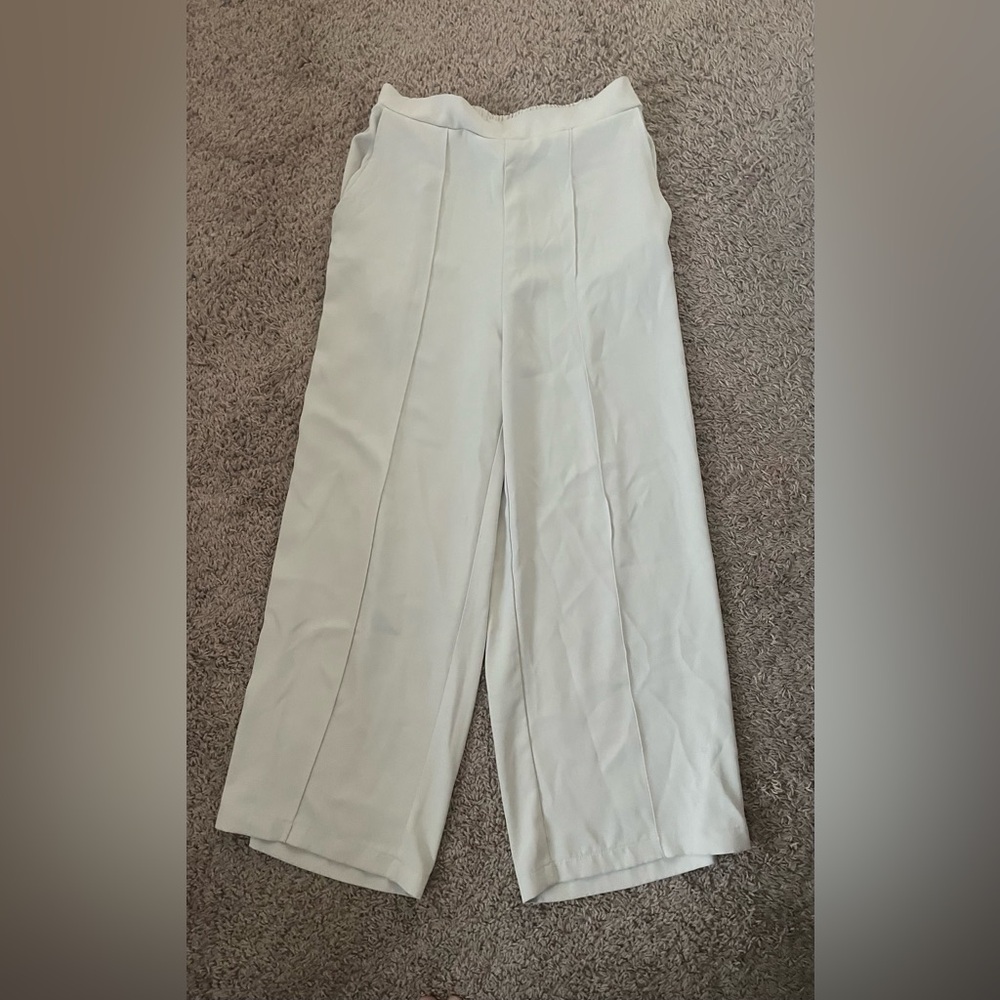 MELLODAY Wide-Leg Cream Pants High Waist Pleated Front Elastic Back M